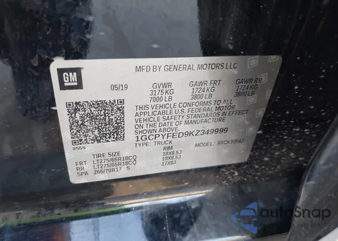 2019 Chevrolet Silverado 1500 Lt Trail Boss из США, поврежденный, VIN 1GCPYFED9KZ349999